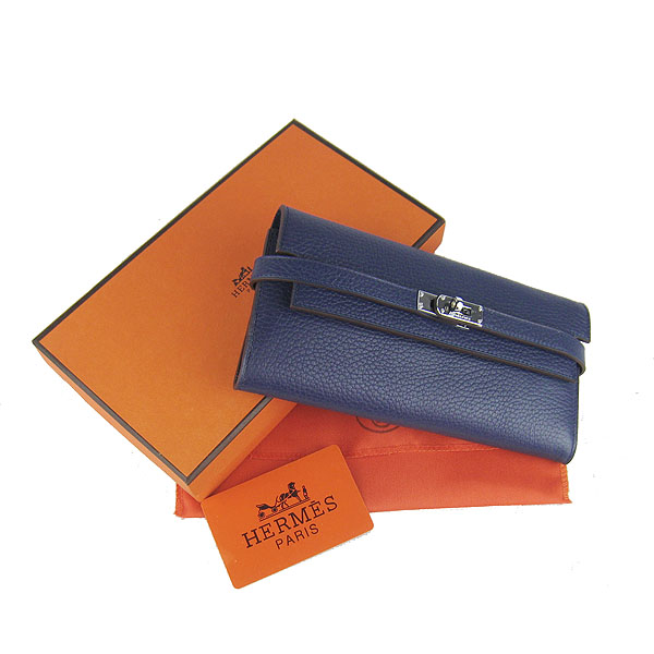 High Quality Hermes Kelly Long Clutch Bag Dark Blue H009 Replica - Click Image to Close